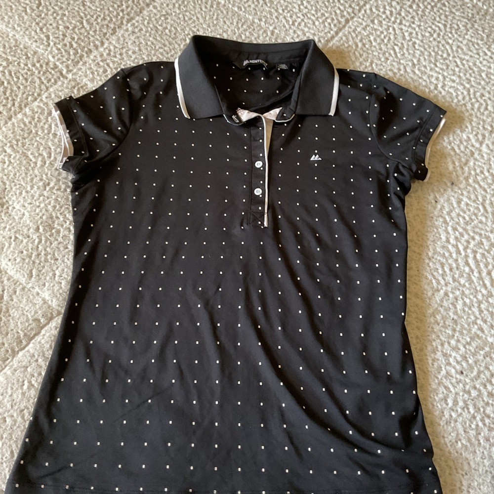 Monterey Club Polo Shirt Womens Medium Black Excellent Polka Dot Golf Top